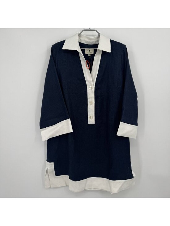 Tuckernuck Dresses & Skirts - Tuckernuck Navy and White Linen Collier Dress size L Large Collared Mini Shift *